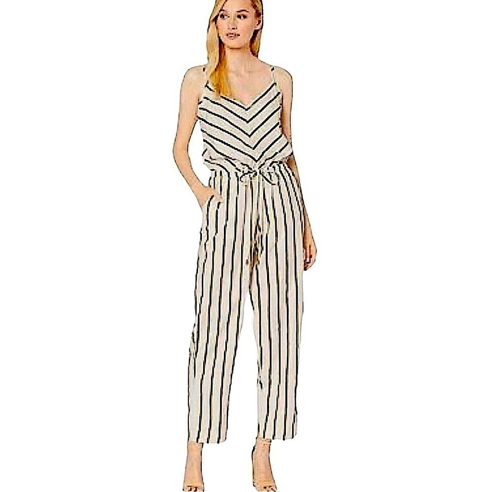 Eci New York Striped Ivory Jumpsuit Linen Blend Spaghetti Straps Size Small
